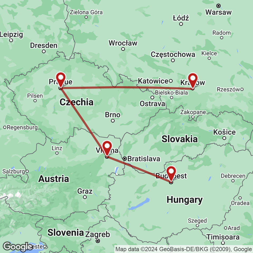 Route for Budapest, Vienna, Prague, Krakow tour